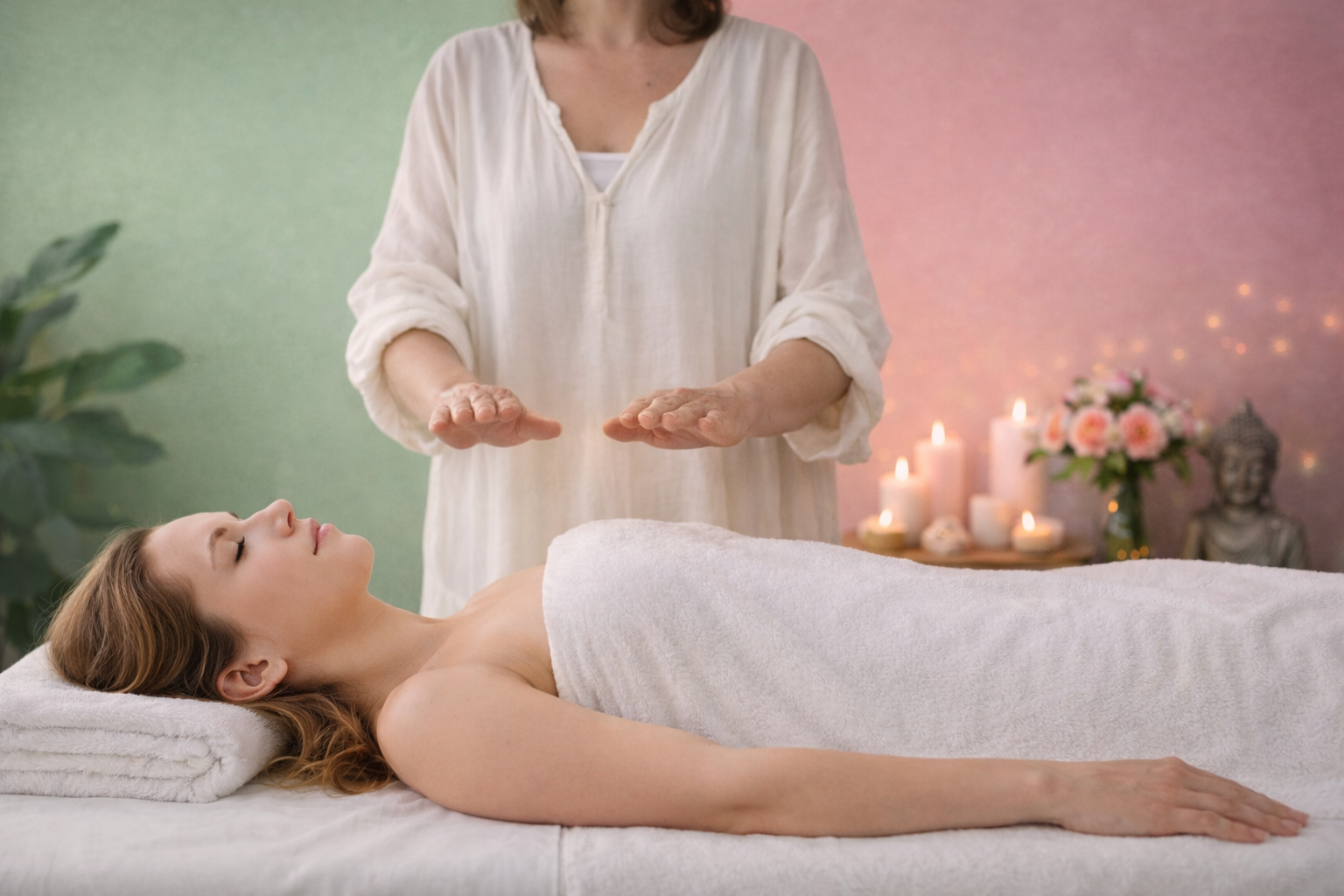 Practitioner performing energy healing over a relaxed woman on massage table